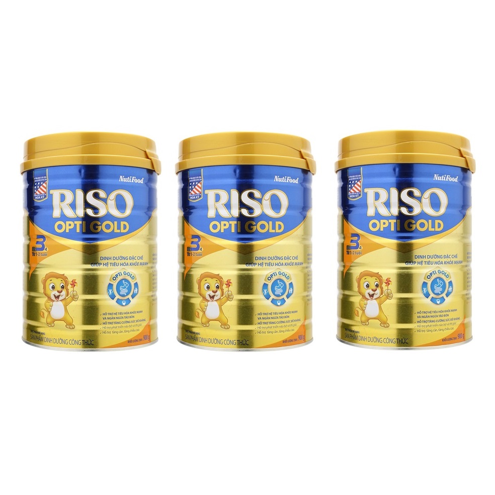 Bộ 3 Lon Sữa Bột NutiFood RISO OPTI GOLD 3 Lon 900g Cho Trẻ Từ 1-2 Tuổi