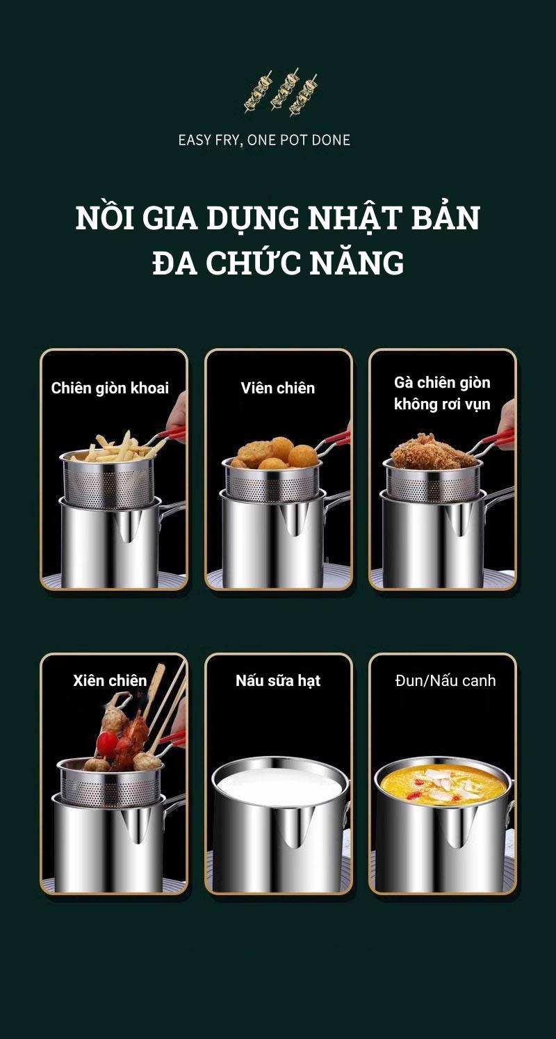 Nồi Chiên Ngập Dầu, Nồi Chiên Mini Siêu Tiết Kiệm Dầu Inox Sus304 Phù Hợp Với Bếp Điện, Từ, Gas, Tặng Kèm Rổ Chiên Dày Dặn - Hàng Chính Hãng