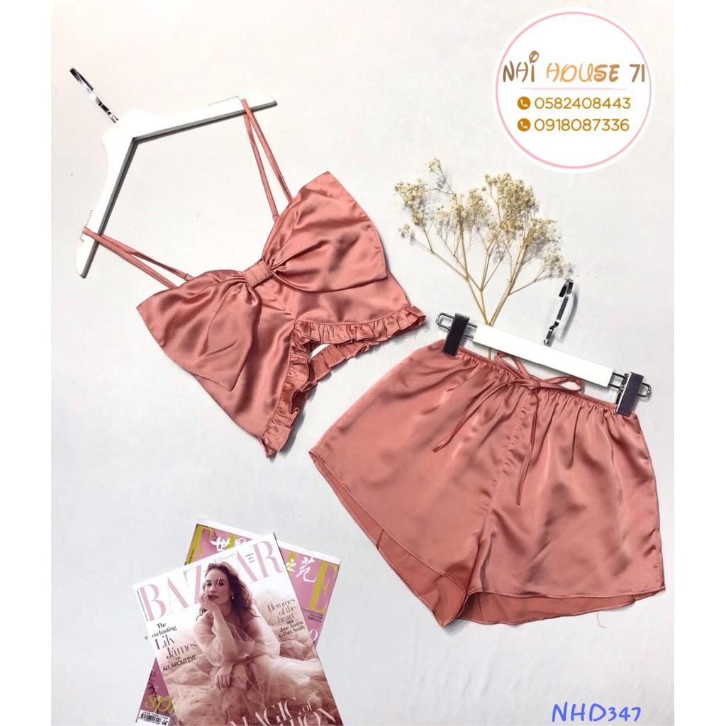 BỘ NGŨ 2 DÂY NHIHOUSE71 ÁO CROPTOP NƠ NGỰC QUẦN ĐÙI LƯNG THUN CHẤT LỤA SATIN SIÊU CUTE FREESIZE 45-57 KG