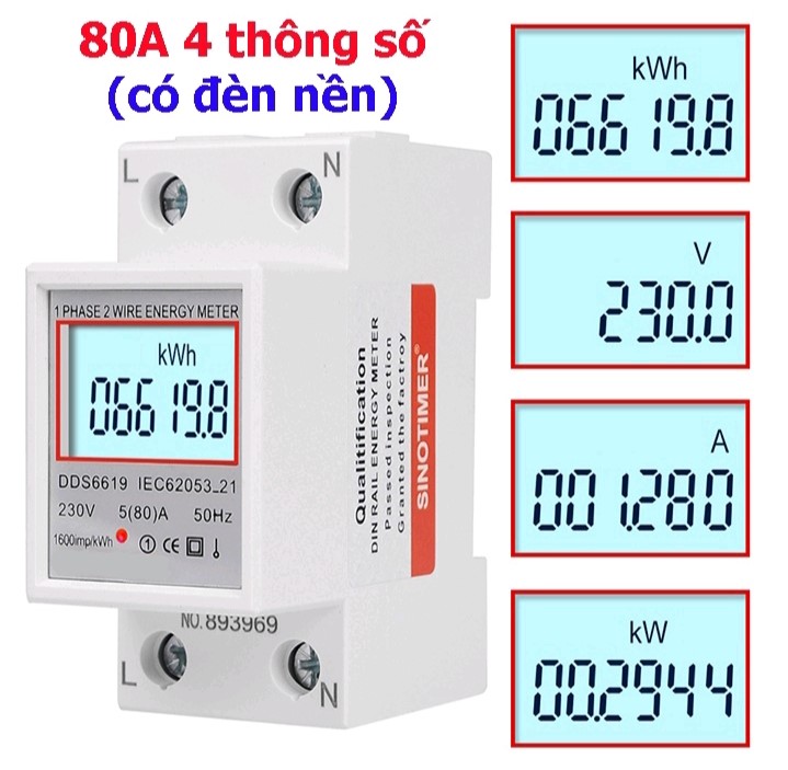 Công tơ điện tử đa năng hiển thị 4 thông số 80A, đo công suất, điện áp, cường độ dòng điện