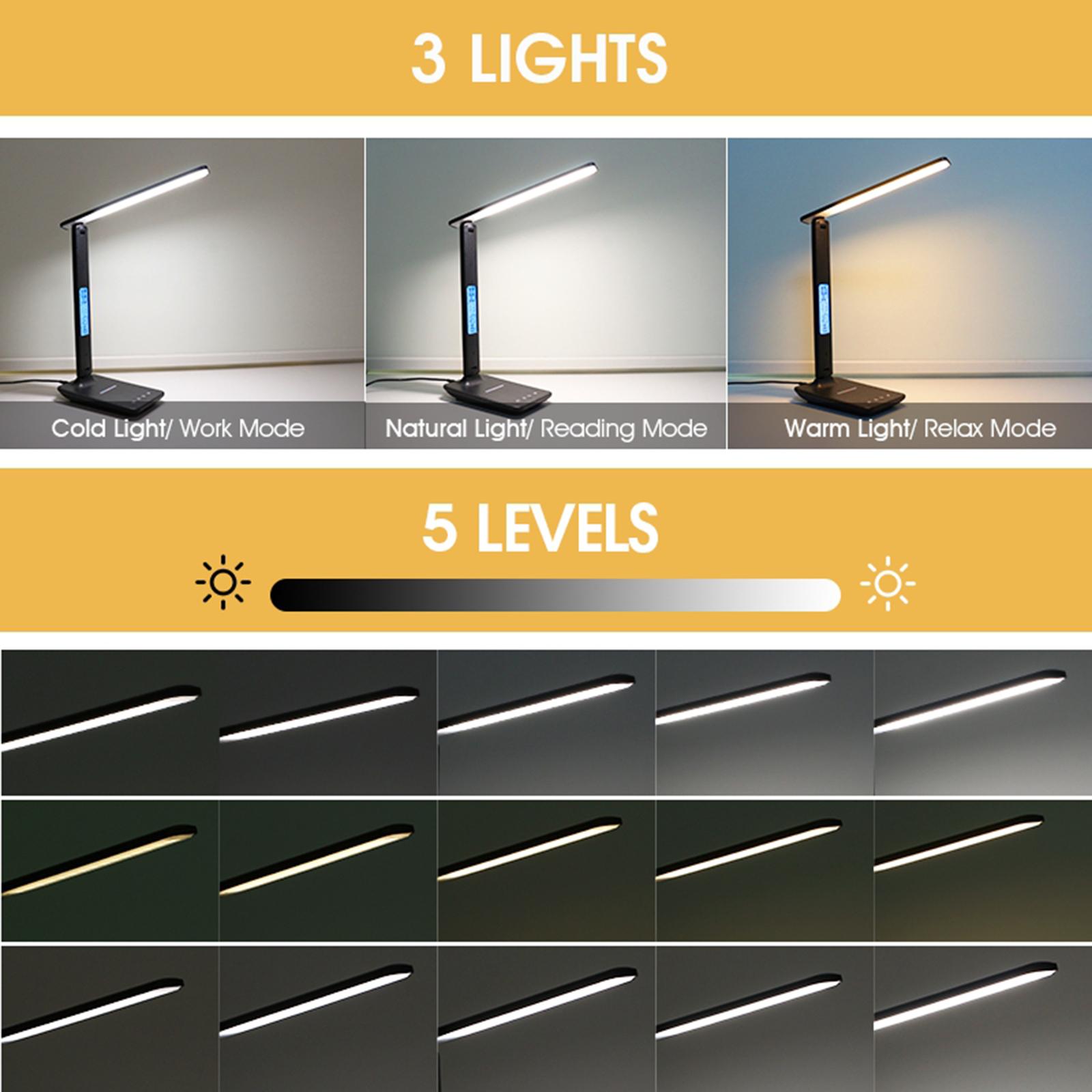 QI Wireless Charging LED Desk Lamp with Calendar Temperature Clock LCD Display Eye Protect Reading Light Table Lamp
