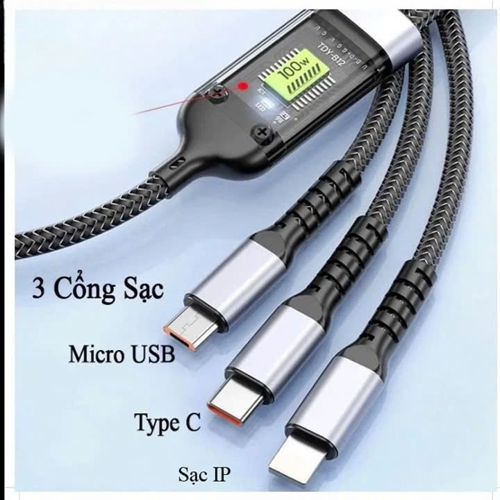 Dây cáp sạc nhanh 3 đầu ip typeC micro dây dù sạc 3 thiết bị cùng lúc Dây Sạc Tự Ngắt 100W Tích Hợp Usb 3 In 1 - Hàng Nhập Khẩu