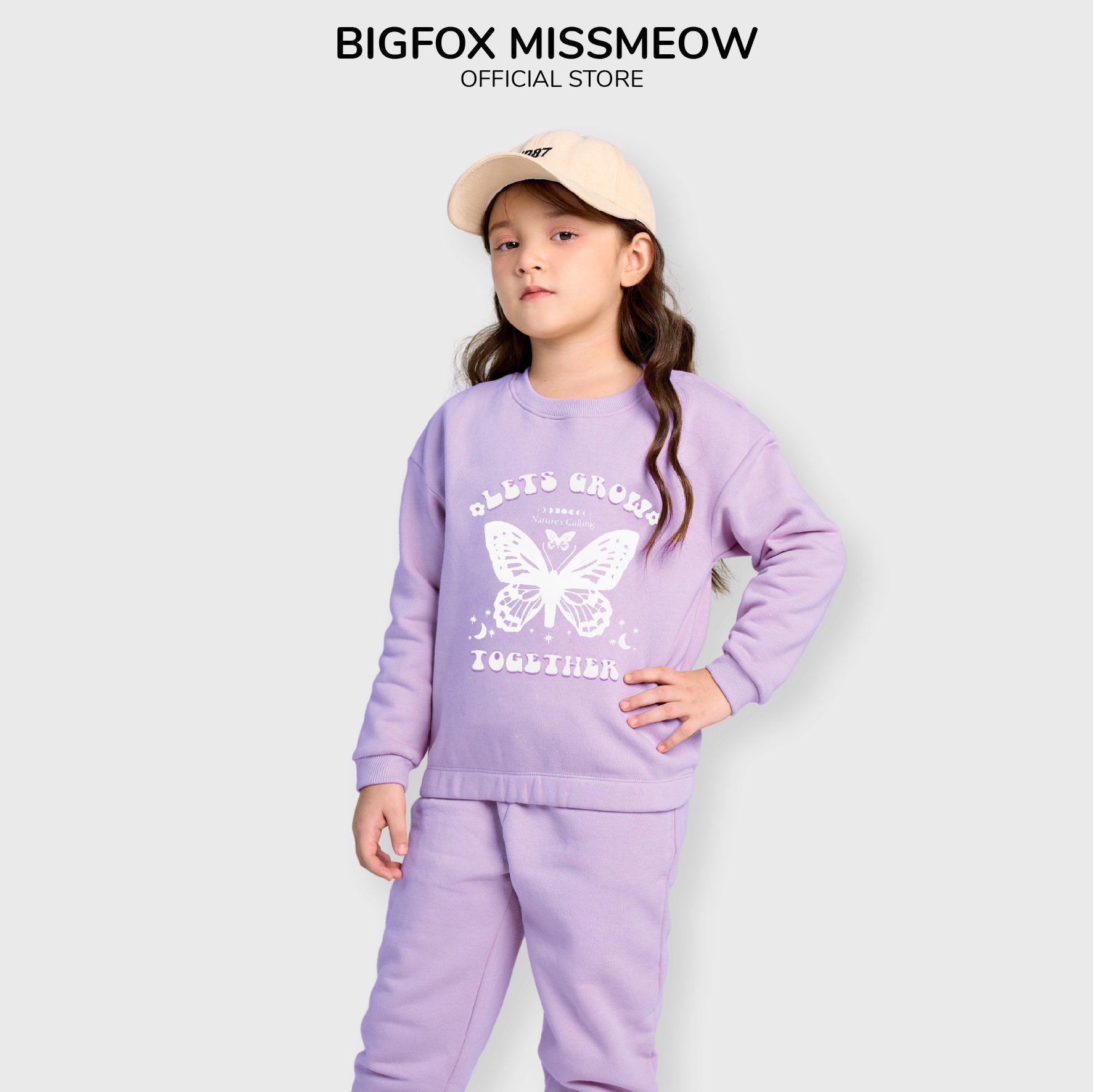 Bộ nỉ bông cho bé gái Bigfox Miss Meow size đại, bộ thu đông cho bé in bướm Lets Grow size 12,13,14,15 tuổi