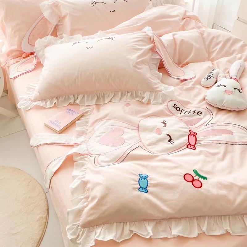 Bộ Chăn Ga Gối Cotton Linen Disney Hàng Nhập Khẩu Cao Cấp 5 Món Thỏ Hồng