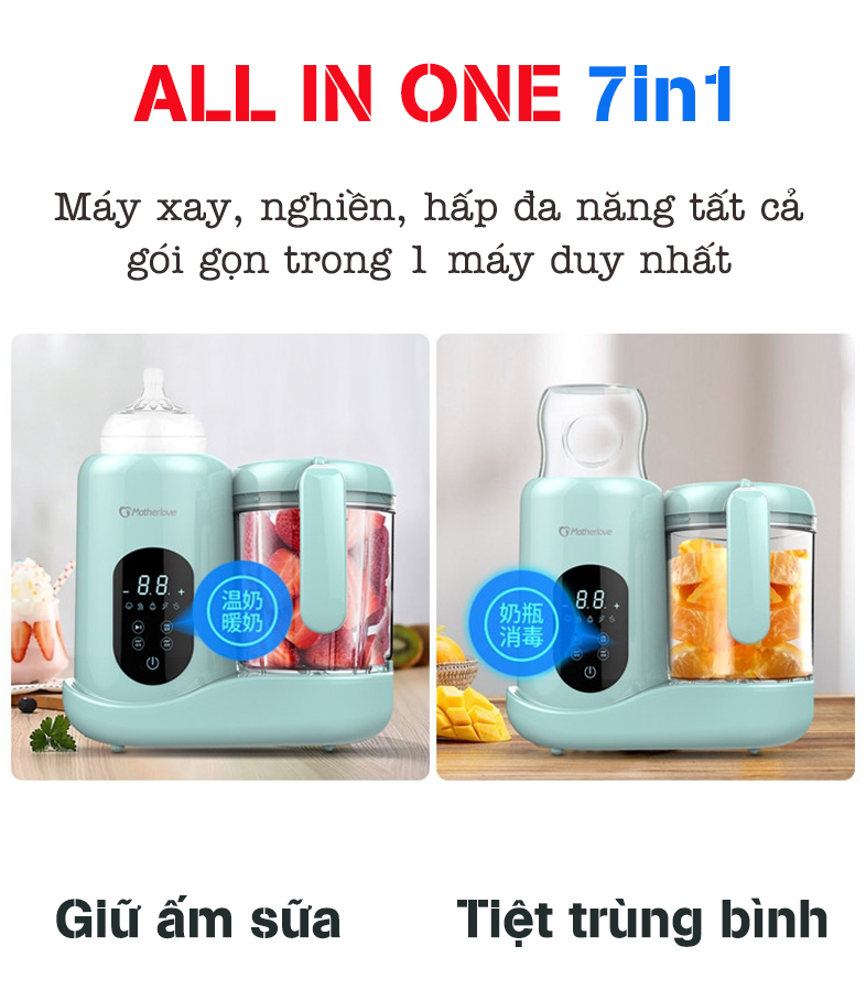 Máy xay hấp nghiền thức ăn đa năng Motherlove 7in1 tặng kèm máy xay đa nang nhỏ (xanh) - hàng chính hãng