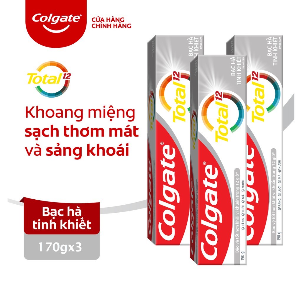 Bộ 3 Kem đánh răng Colgate diệt vi khuẩn Total Clean Mint hương bạc hà bảo vệ toàn diện 12h 170g/tuýp