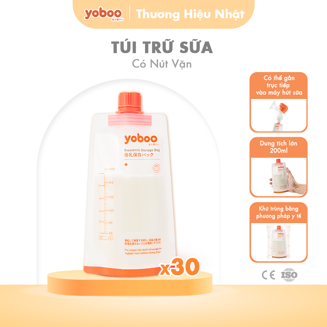 [Kèm cổ nối] Set 30 túi trữ sữa mẹ Yoboo YB-004 có nắp vặn dung tích 200ml chất liệu PET an toàn cho bé - Hàng chính hãng