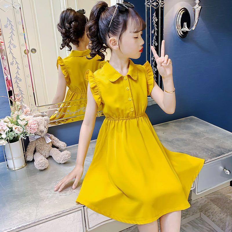 CHENGRUI Cô gái ăn mặc mùa hè 2023 váy công chúa phong cách tây cho trẻ em phiên bản Hàn Quốc Mid-Big Boy không tay màu ẩm váy
