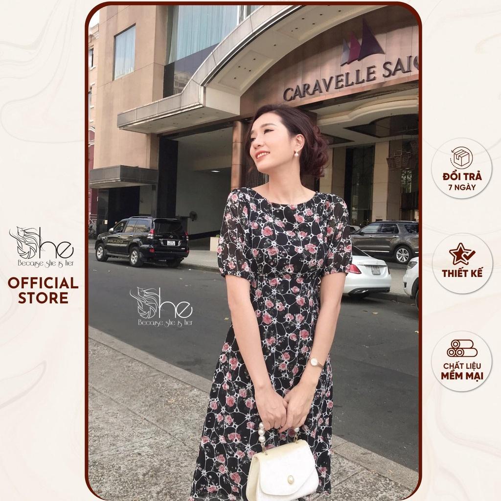 Váy đầm cổ tròn hoa xinh đi làm She, đầm nữ midi sang trọng đi làm SDX105