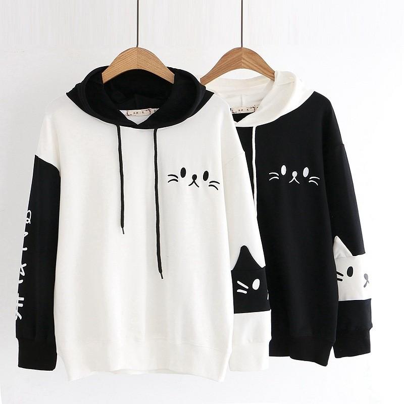 Áo khoác nỉ tay dài in hình mèo con có nón phía sau || Hany Shop