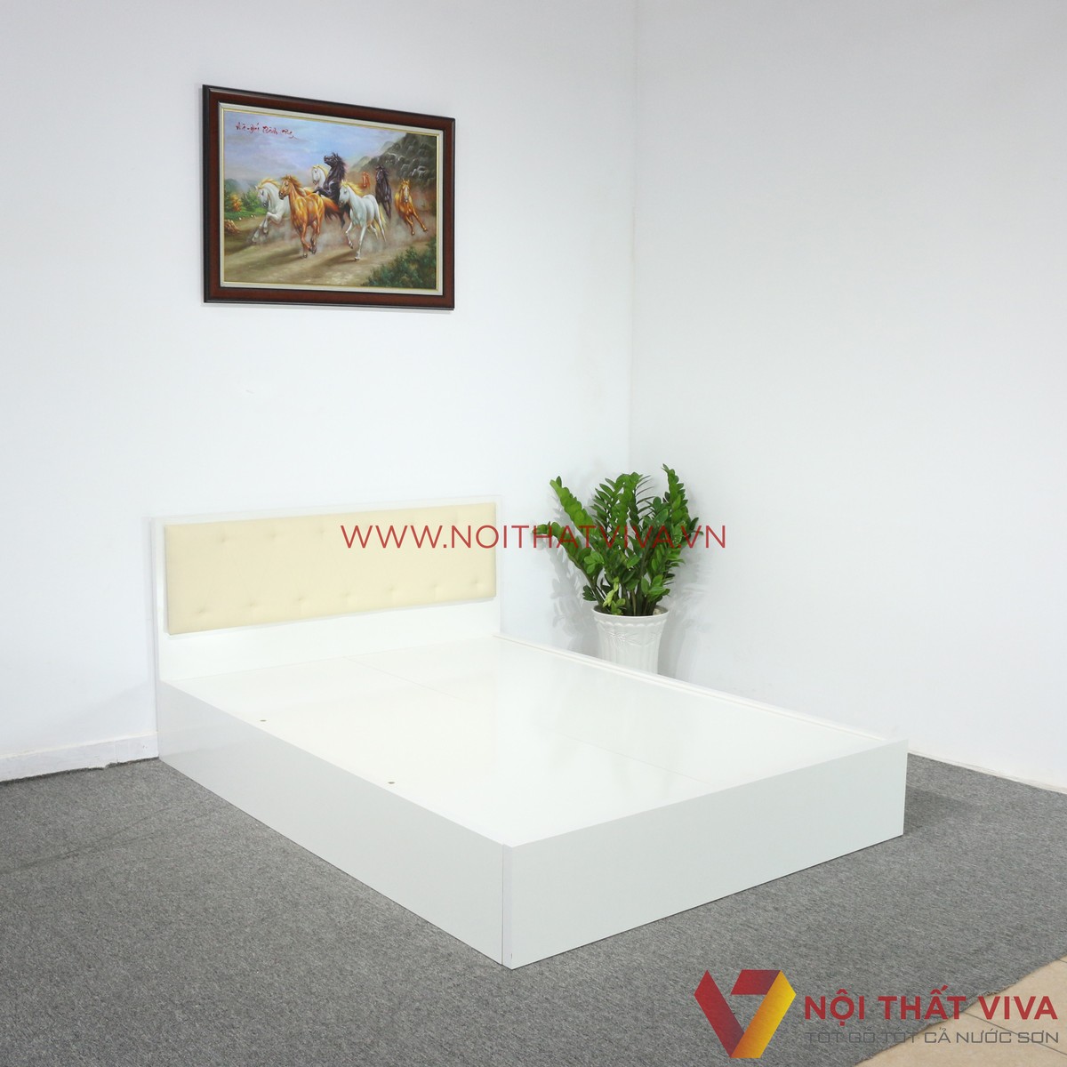 Giường Ngủ MDF Melamine Màu Trắng Có Đầu Nệm Kem Đẹp Giá Rẻ