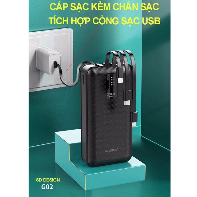 Pin Sạc Dự Phòng G02 20.000mah -Tích Hợp Sẵn Cáp Sạc 3 Đầu-Hàng Nhập Khẩu