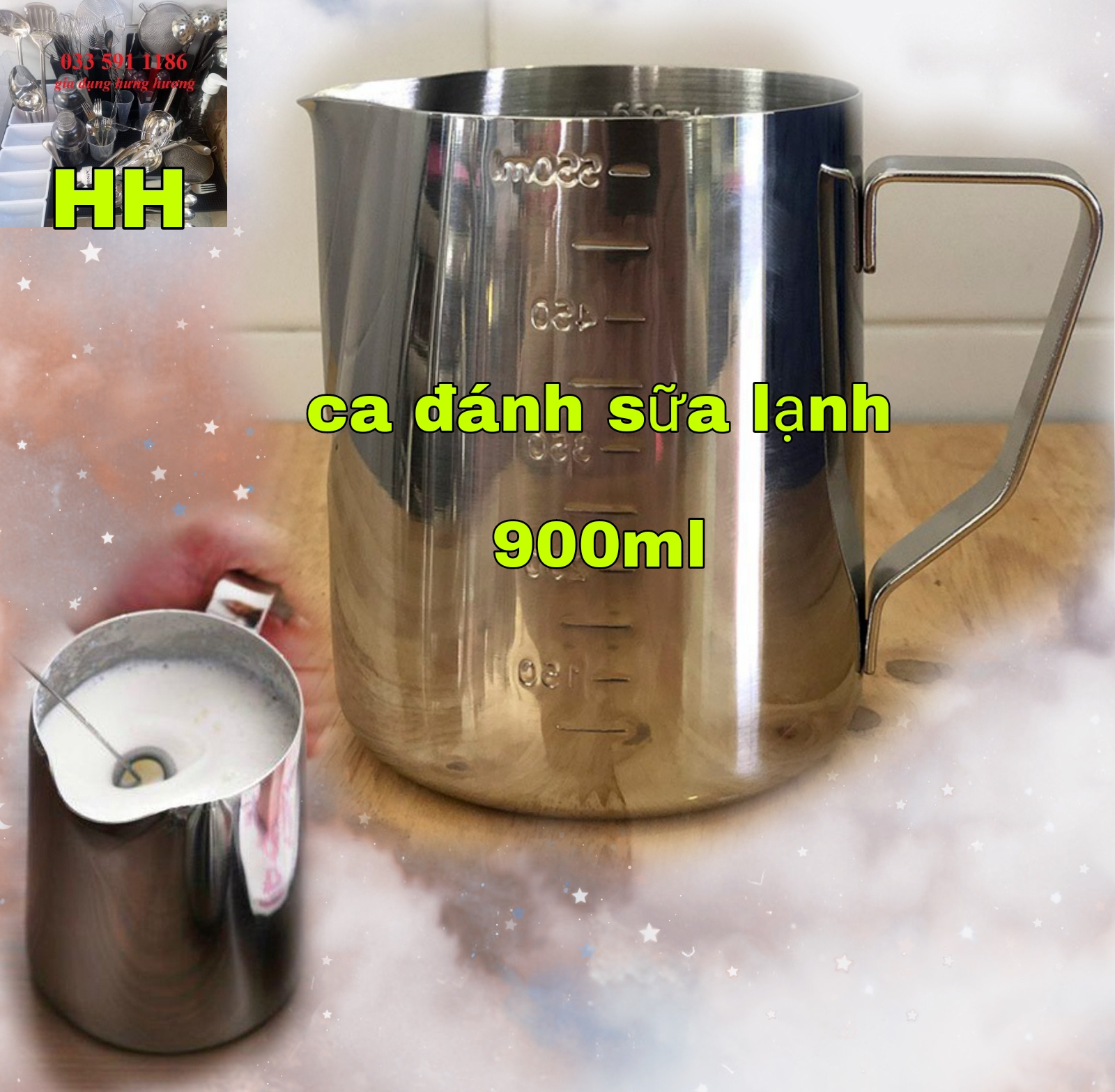 Ca đánh sữa inox (có vạch chia) 350ml (100% inox 304)