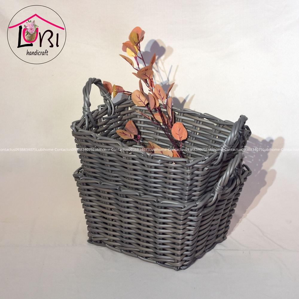 Giỏ đựng đồ đan nhựa giả mây có quai cầm - xinh xắn