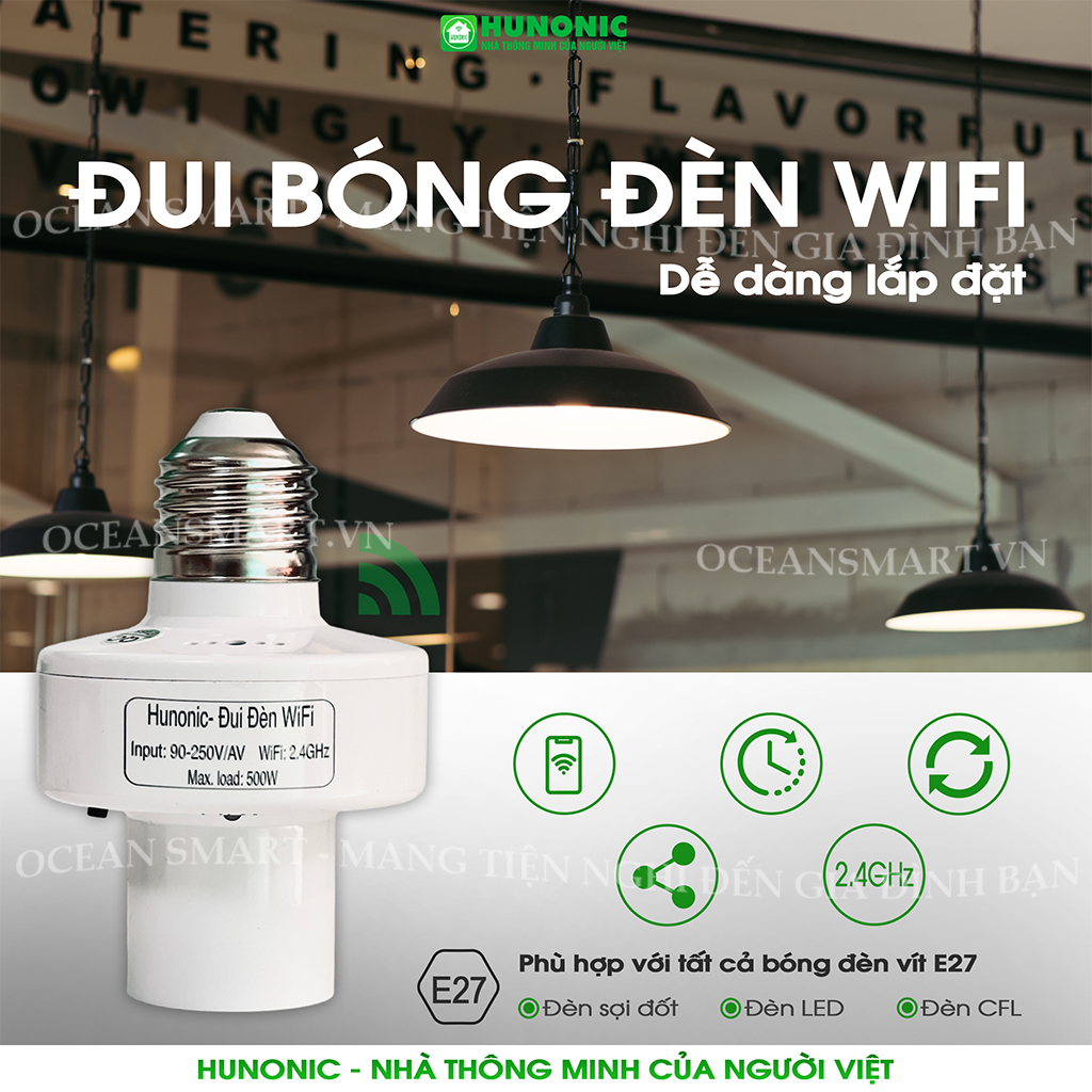 Đui Đèn Wifi Hunonic, Đui Đèn Hẹn Giờ, Điều Khiển Bằng Điện Thoại - HNSPWF