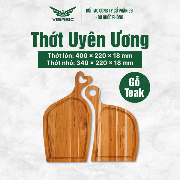 Bộ thớt Uyên ương gỗ Teak Vibasic 400x220x18mm và 340x220x18mm | cắt thái và trang trí món ăn