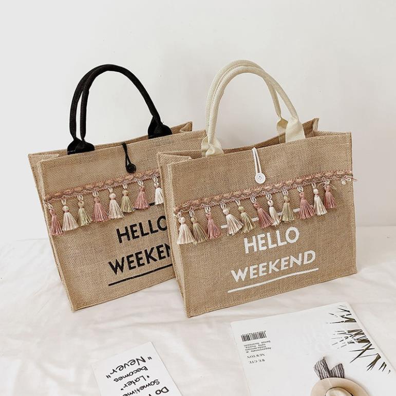 Túi cói, Túi cói đi biển hello weekend Phong cách Hàn Quốc