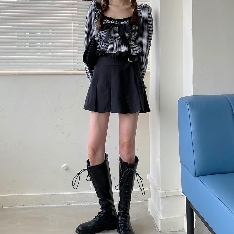 Áo sơmi caro trễ vai thắt nơ Ulzzang