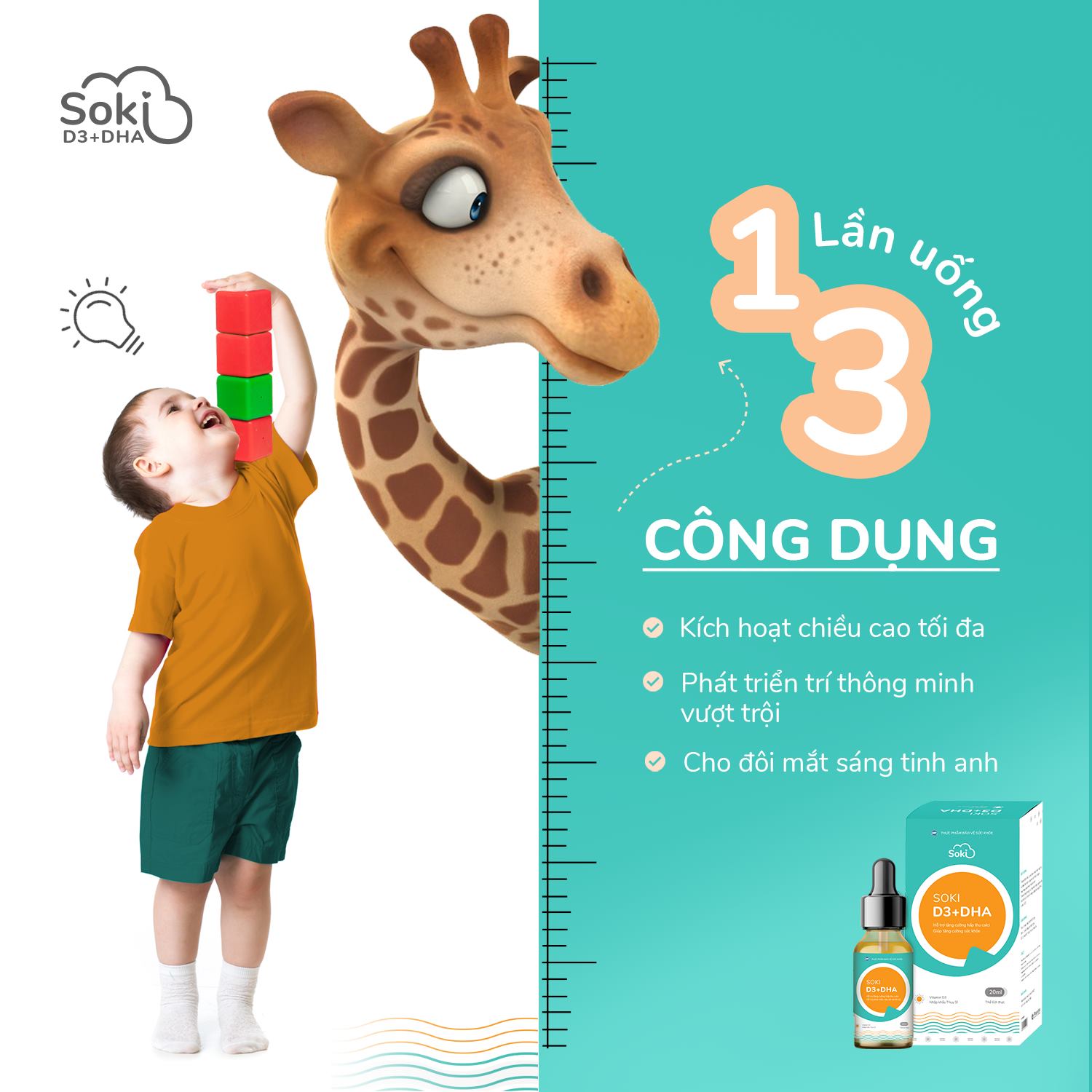 Vitamin Soki D3 DHA 3in1 bổ sung dinh dưỡng giúp bé chắc xương, thông minh