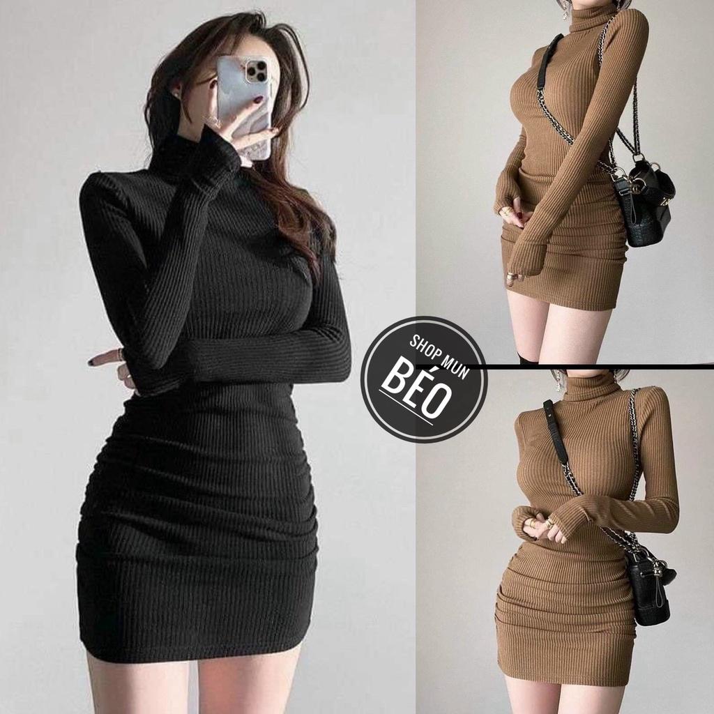 Đầm Body Tay Dài Cổ Lọ Nhún Sườn Chất Thun Gân Thích Hợp Mặc Đi Tiệc Đi Làm Đi Chơi