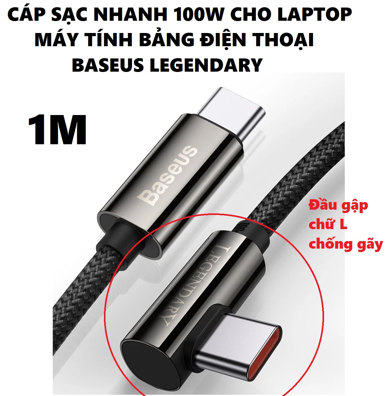 [C to C] Dây sạc nhanh 2 đầu type C 100W đầu chữ L chống gãy cho laptop máy tính bảng đt Baseus Legendary _ Hàng chính hãng