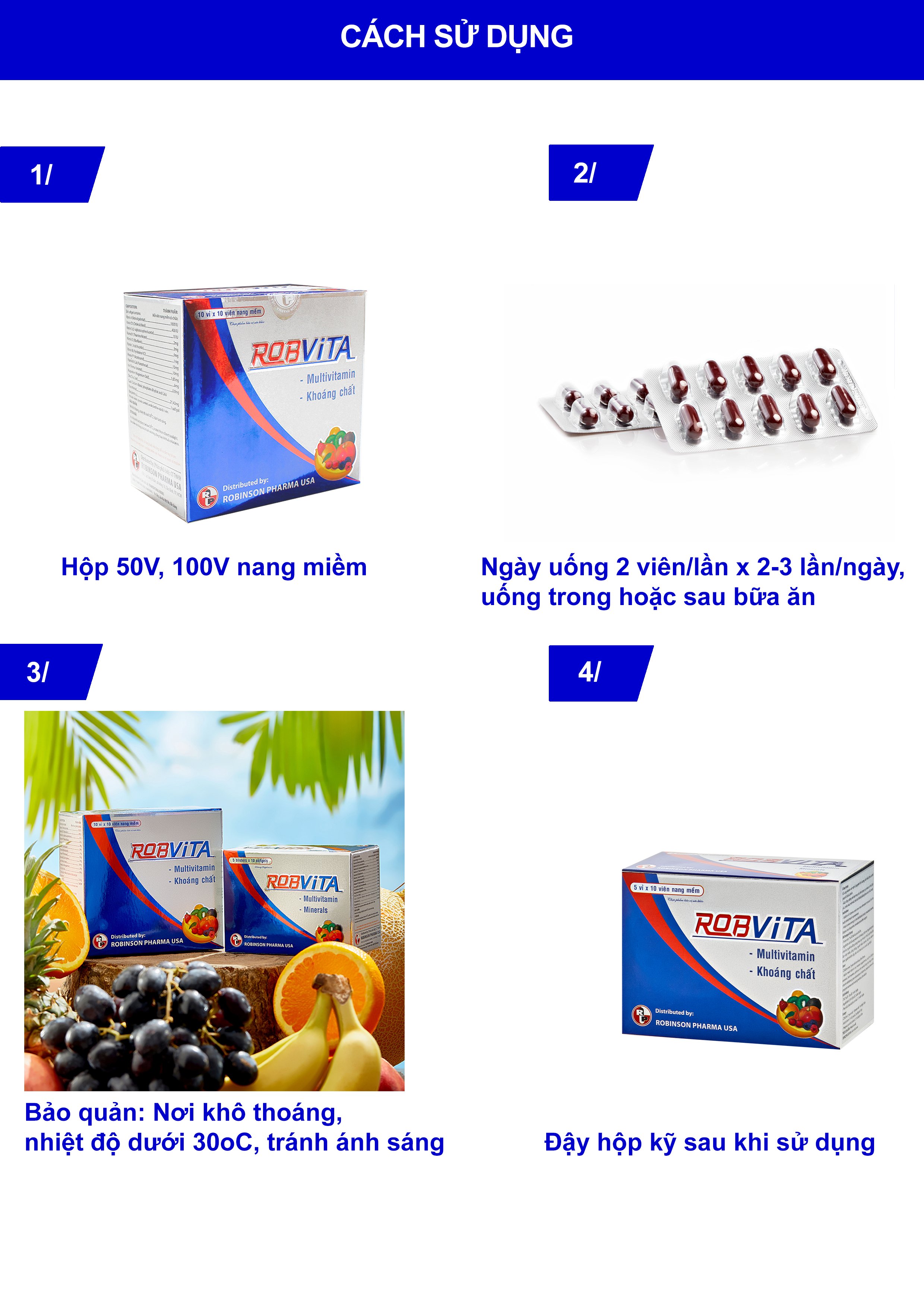 Thực Phẩm Bảo Vệ Sức Khỏe ROBVITA multivitamin và khoáng chất bồi bổ sức khỏe – Robinson Pharma Usa - Hộp 50 viên