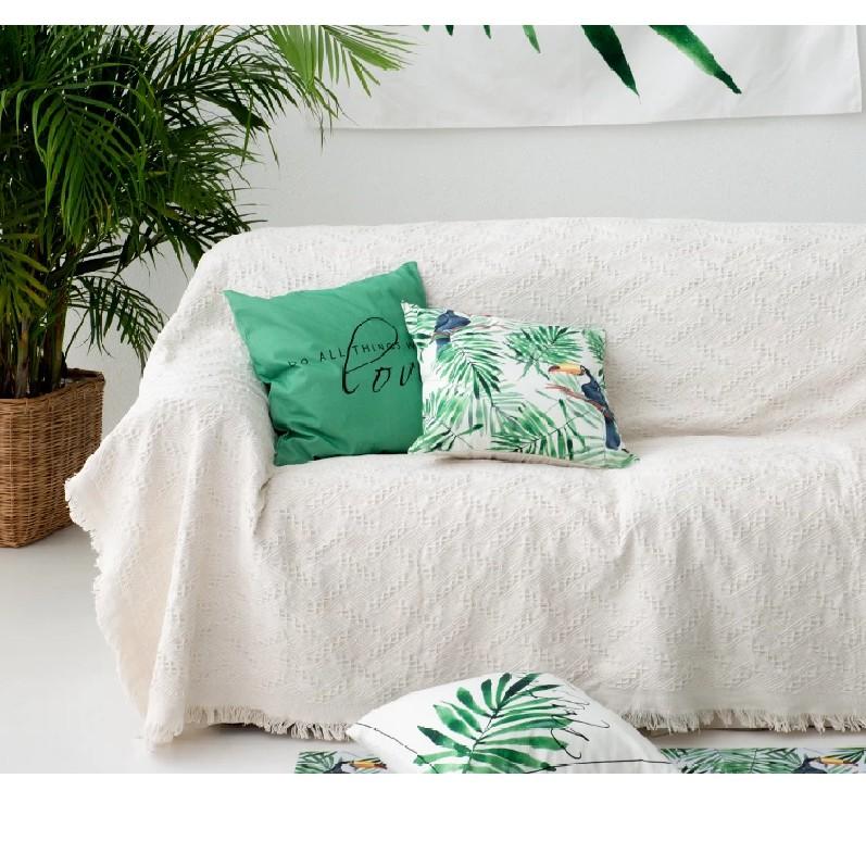 Chăn thảm phủ ghế sofa đan len tua rua màu trắng lưới PA9467