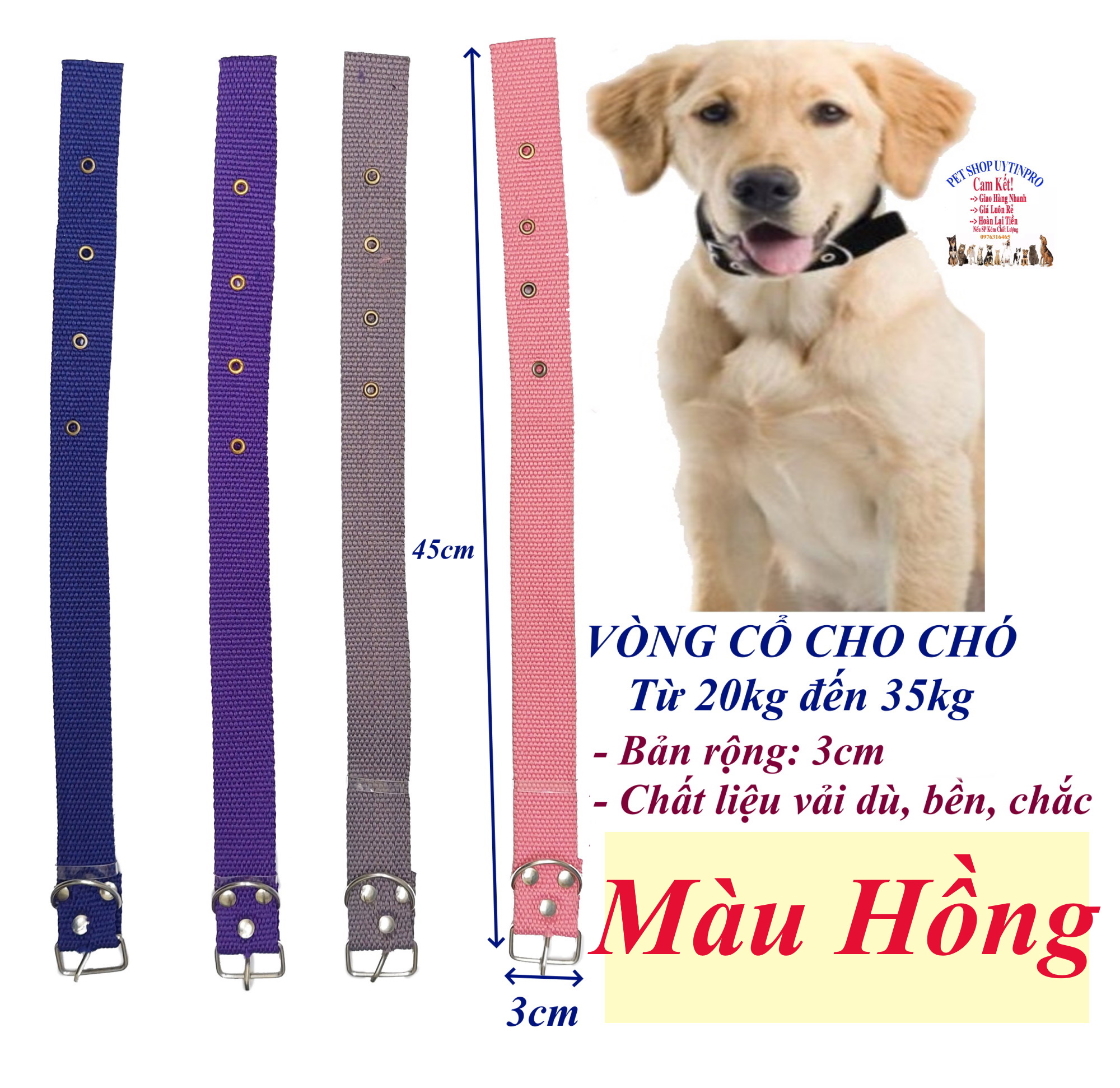 Vòng cổ cho Chó từ 20kg đến 35kg Bản rộng 3cm Chất liệu vải dù dày bền chắc, Có gài điều chỉnh, An toàn cho thú cưng