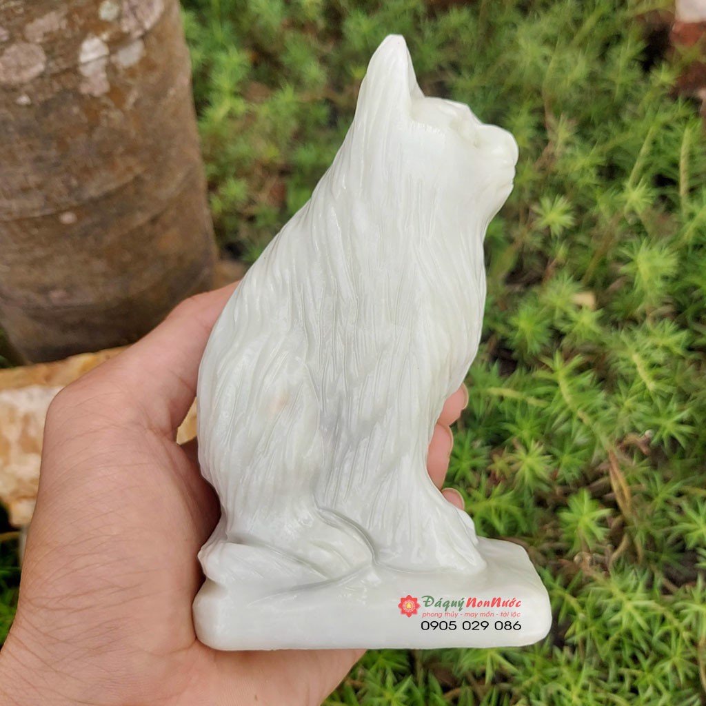 Tượng mèo đá tuổi mão 12 con giáp phong thủy đá trắng xanh 12cm đá Non Nước