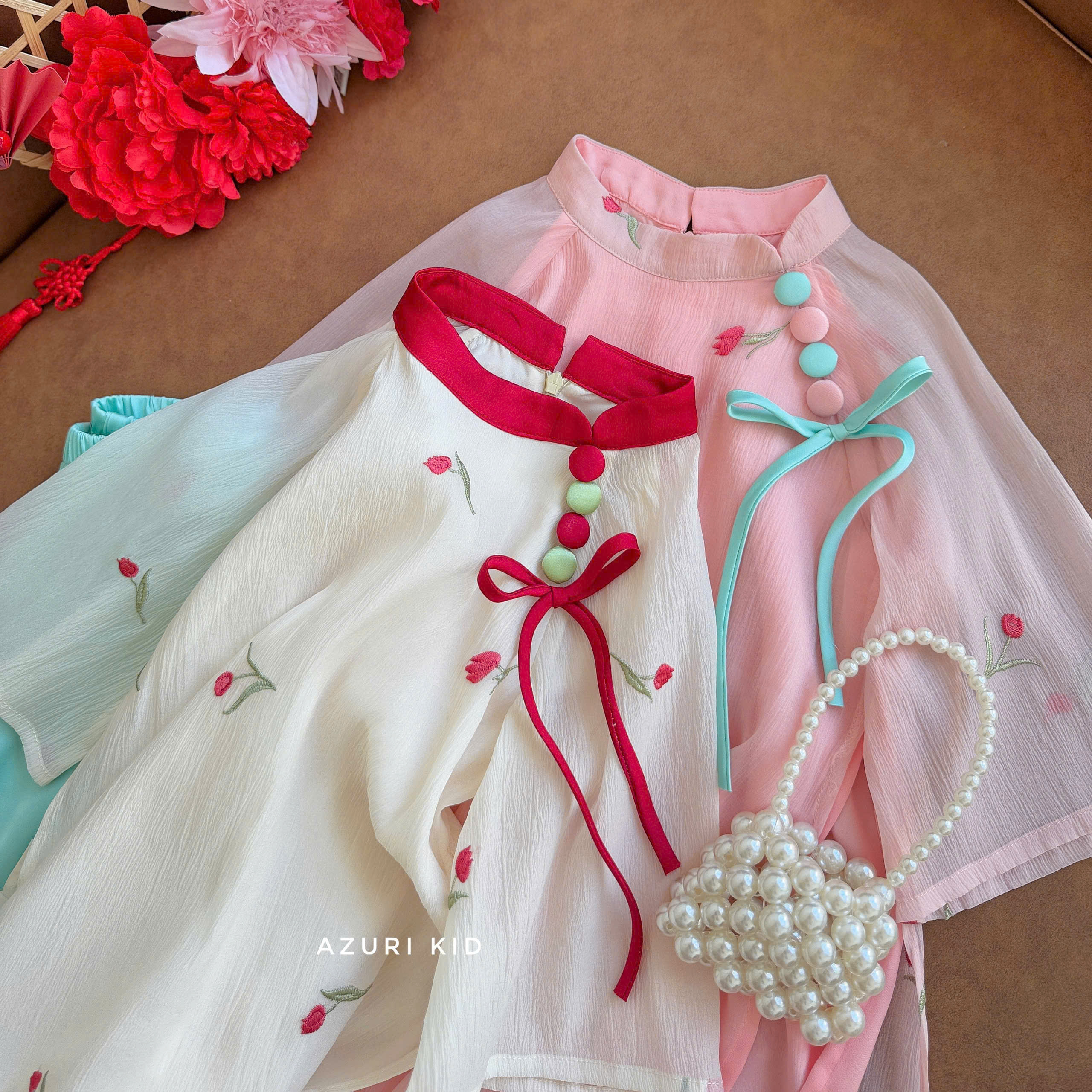 Bộ áo dài tết cho bé gái mẫu Hoa mùa xuân xinh xắn từ 12-45kg hàng thiết kế cao cấp