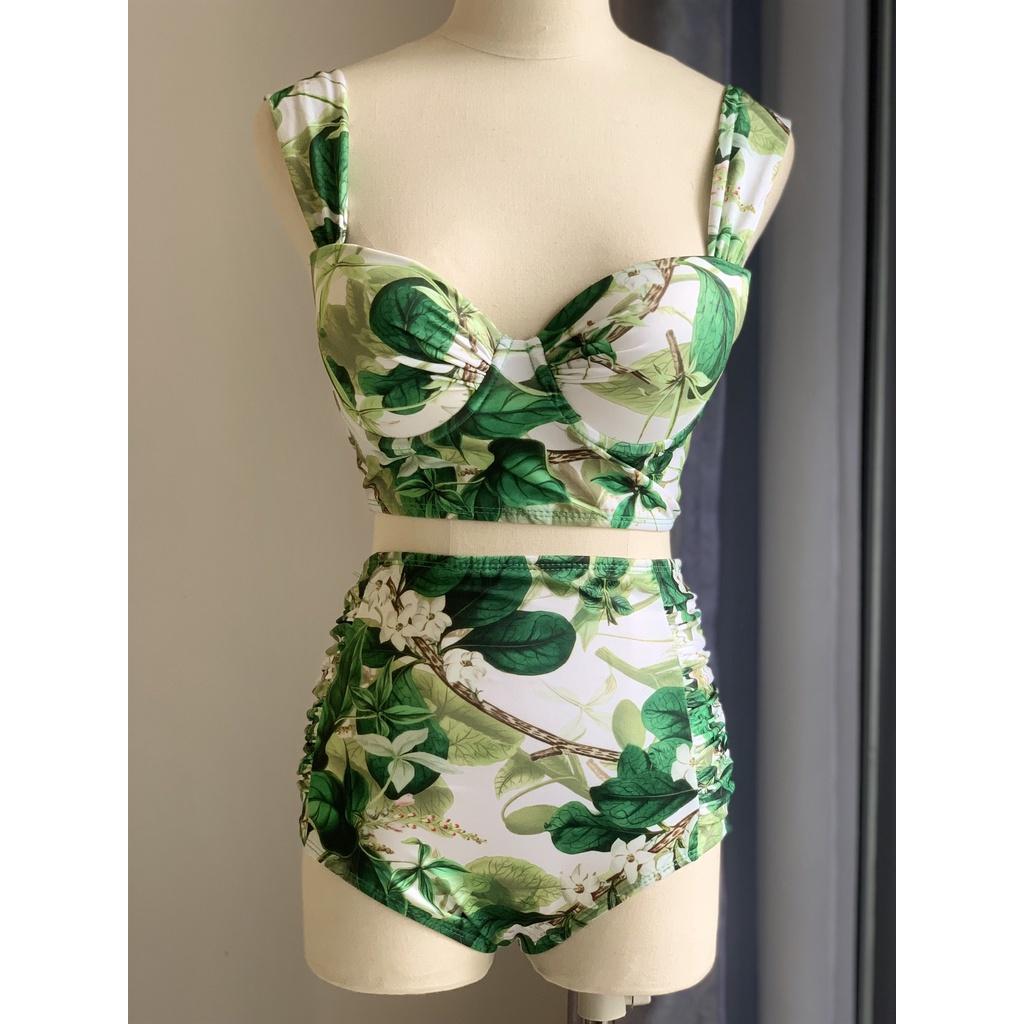 BIKINI ÁO GỌNG VUÔNG QUẦN CẠP CAO PHỐI KHĂN HỌA TIẾT XANH LÁ BIKINI UMI