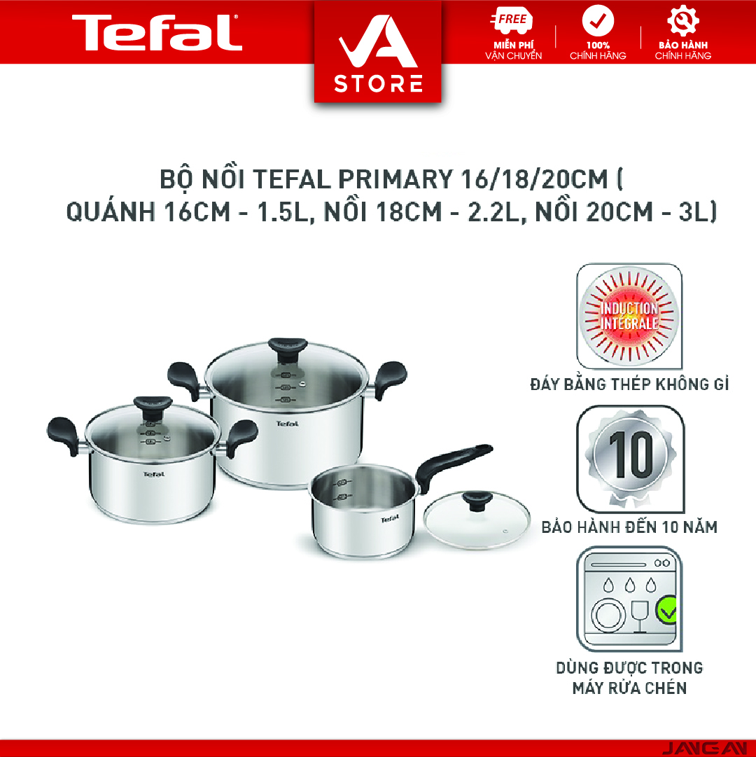 Bộ nồi Tefal Primary 16/18/20cm (quánh 16cm-1.5L,nồi 18cm-2.2L, nồi 20cm-3L) E308S674 - Hàng Chính Hãng