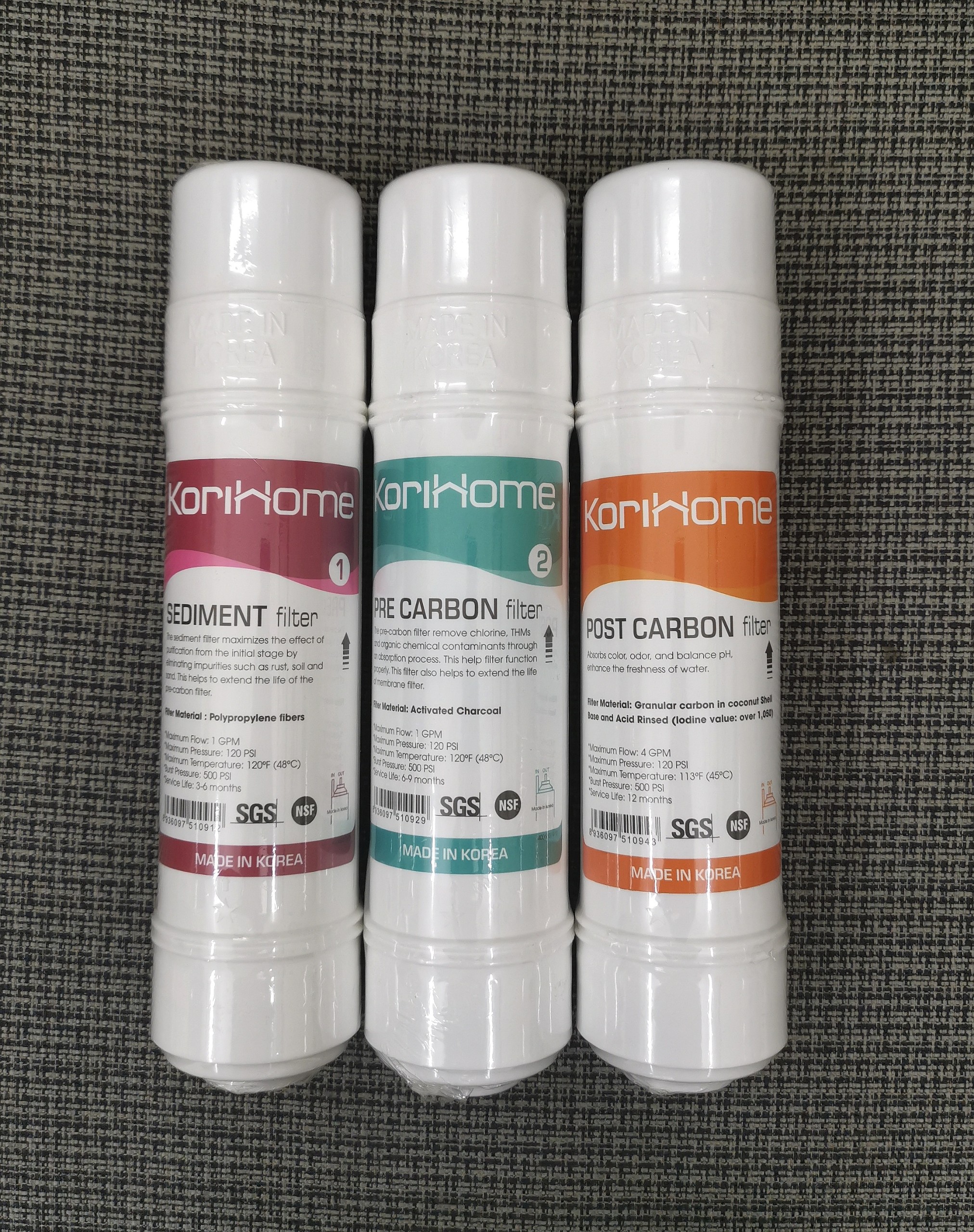 Combo 3 lõi lọc Korihome - lõi Sediment, lõi Pre-Carbon, lõi Post Carbon- hàng chính hãng