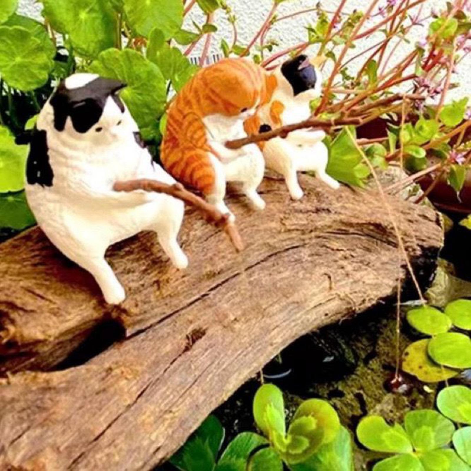 Cat Fishing Figurine Decorative Kitten Fishing Ornament for Garden