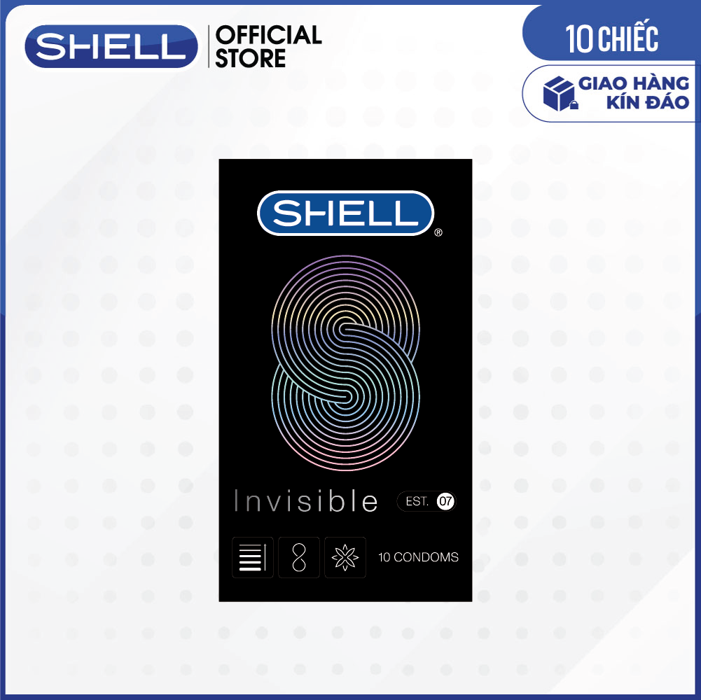 Bao cao su Shell Invisible siêu mỏng, chống tuột, kéo dài thời gian - Hộp 10 cái | SHELL CHÍNH HÃNG