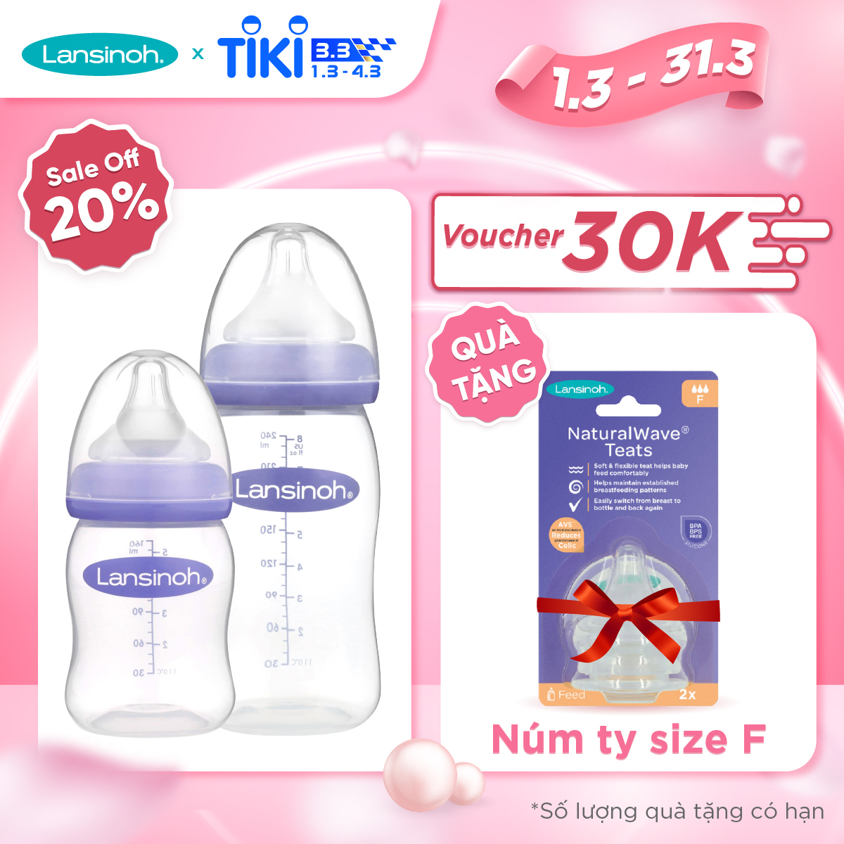 2 Bình Sữa Cổ Rộng Lansinoh 160ml +240ml TẶNG 1 Núm Vú Cổ Rộng Lansinoh Size F