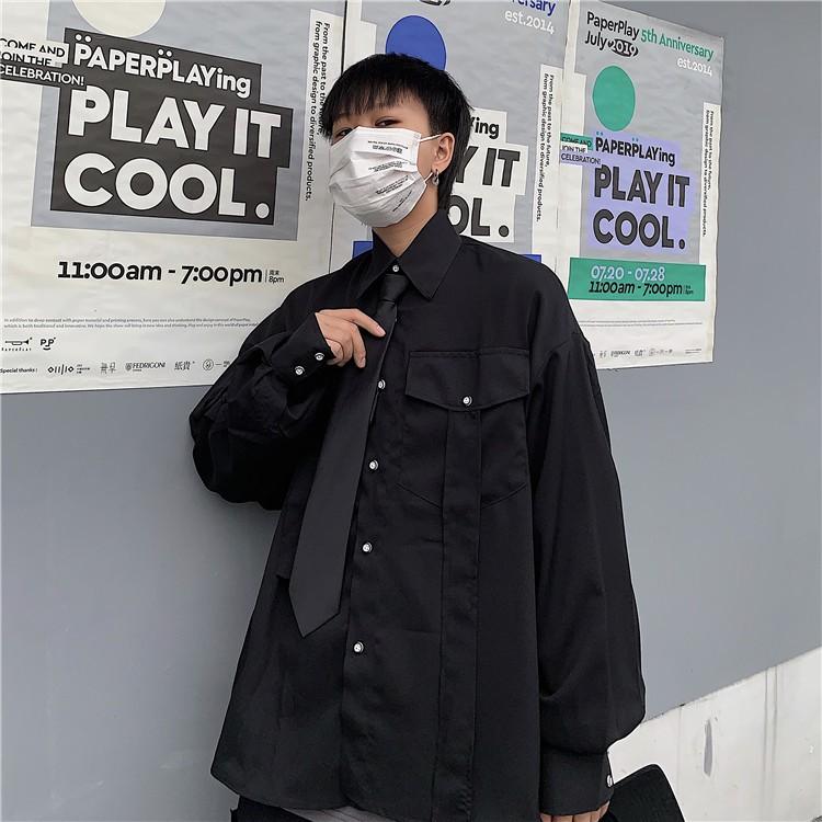 Áo sơ mi dáng rộng tay dài phối 2 túi phong cách hip hop cho nam