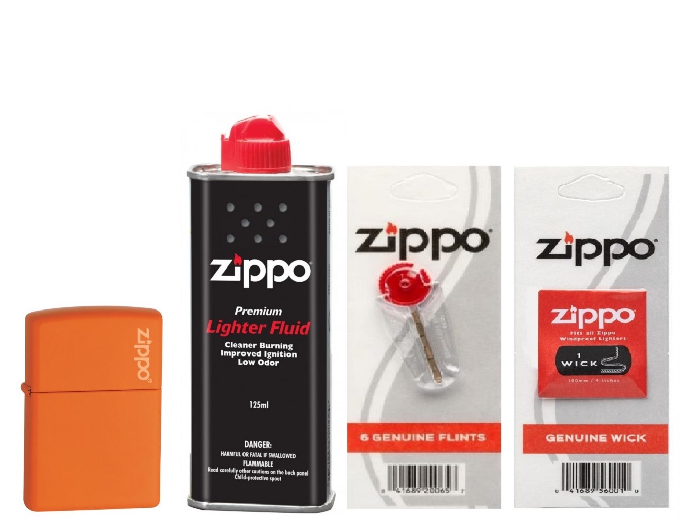 Bộ 4 Sản Phẩm: Bật Lửa Orange Matte With Zippo Logo 231ZL+Xăng+Đá+Bấc