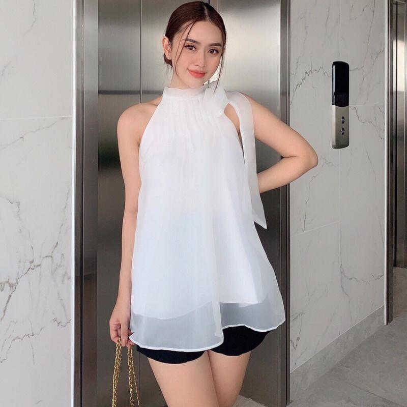 Áo voan tơ cổ yếm xếp li cột nơ
