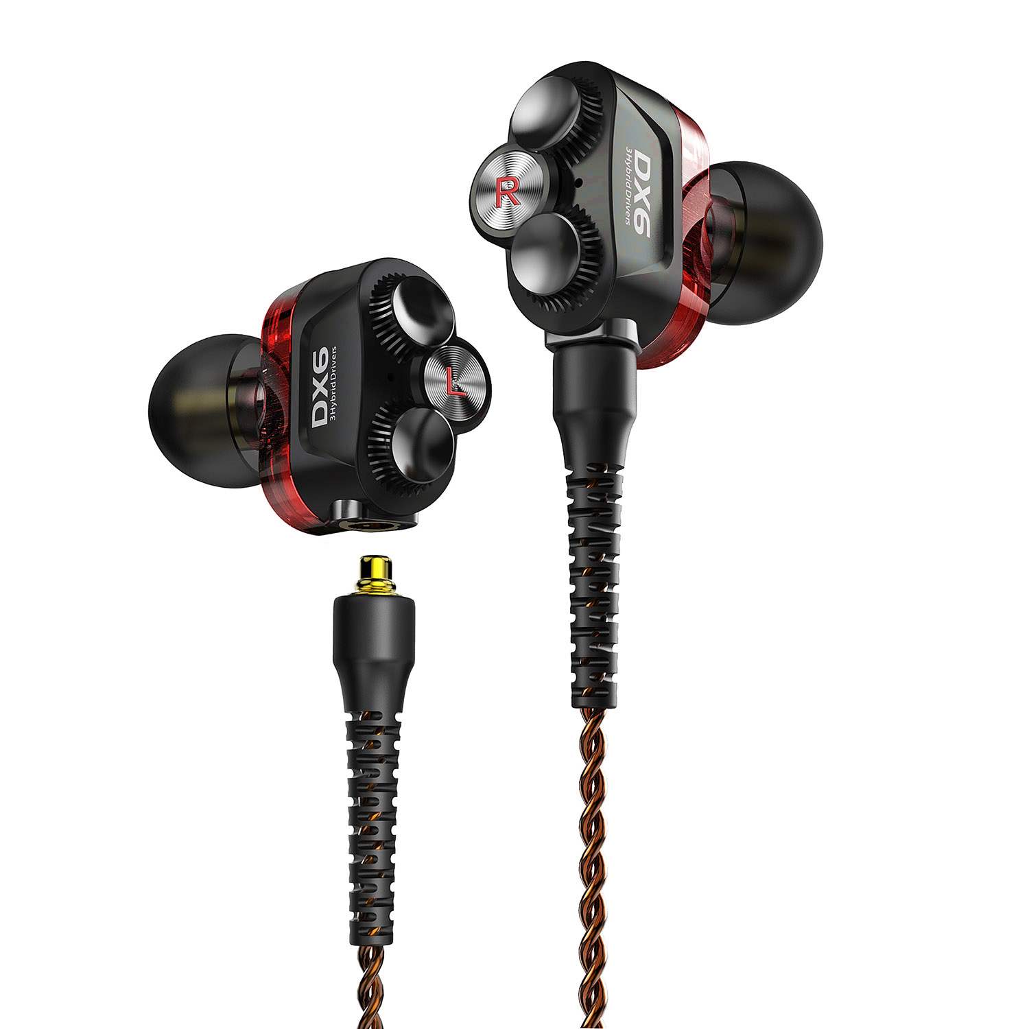 Tai nghe nhạc hay chơi game cao cấp Plextone DX6 âm thanh Hybrid 3 Driver Earphone Head hàng chính hãng jack 3.5mm, dây tín hiệu chống kéo, chông uốn, tai Phone sử dụng Socket MMCX có Module chuyển đổi thành tai nghe không dây hoặc Type C. - Hàng Chính Hãng