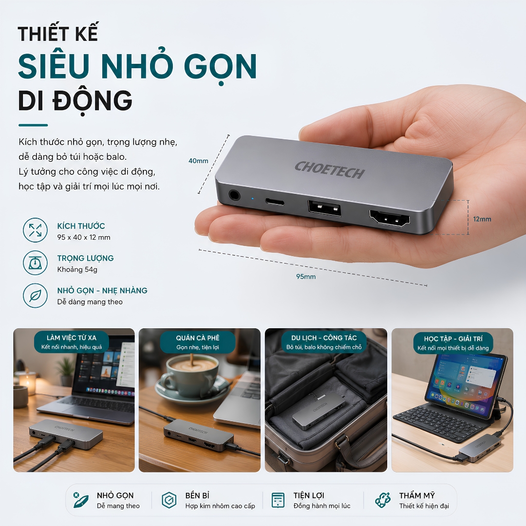 Hub Chuyển đổi Type C chia cổng 4 in 1 thông minh đa năng OMNIDOCK 4K PRO CHOETECH HUB-13 HDMI 4K@60Hz, PD Type C 60W USB 3.0 AUX 3.5mm Cho iPad Laptop MacBook - Hàng nhập khẩu
