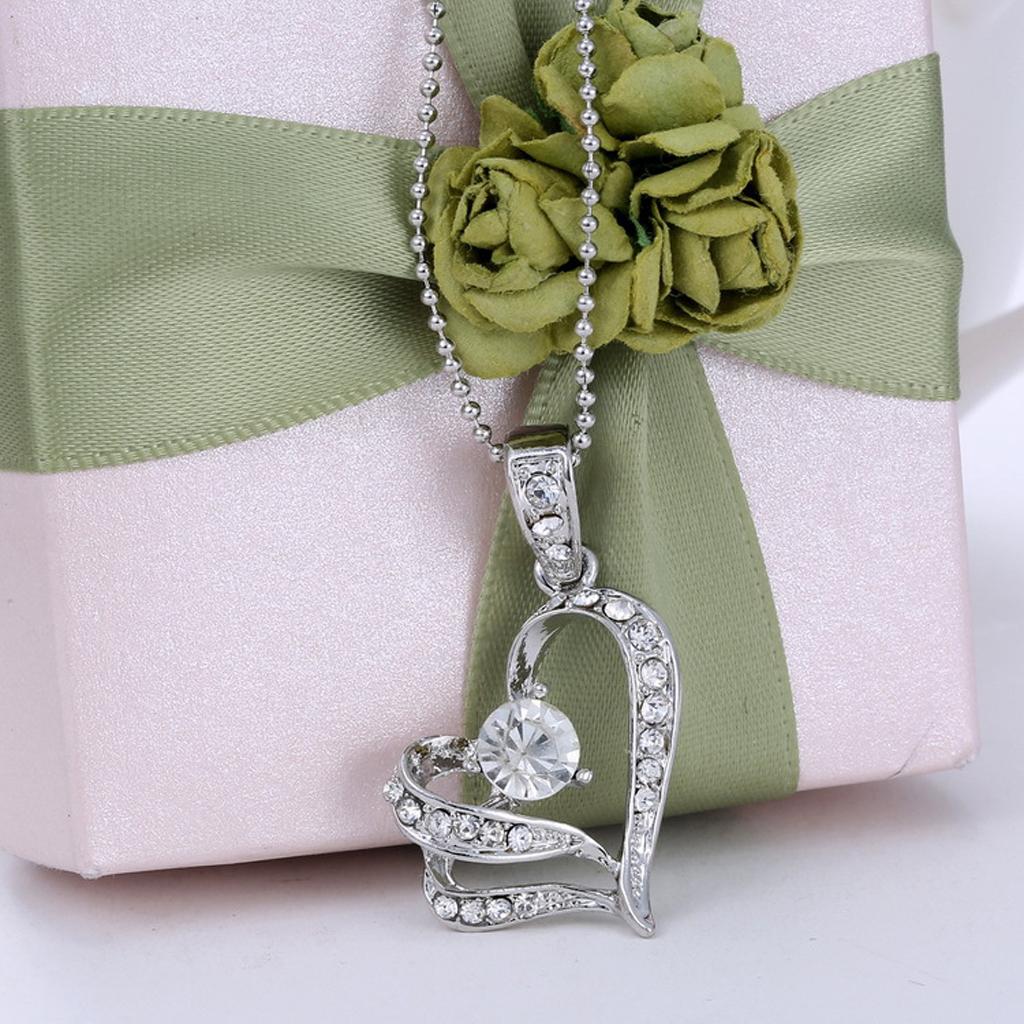 Women Double Heart Rhinestone Pendant Chain Necklace Jewelry Silver Gift