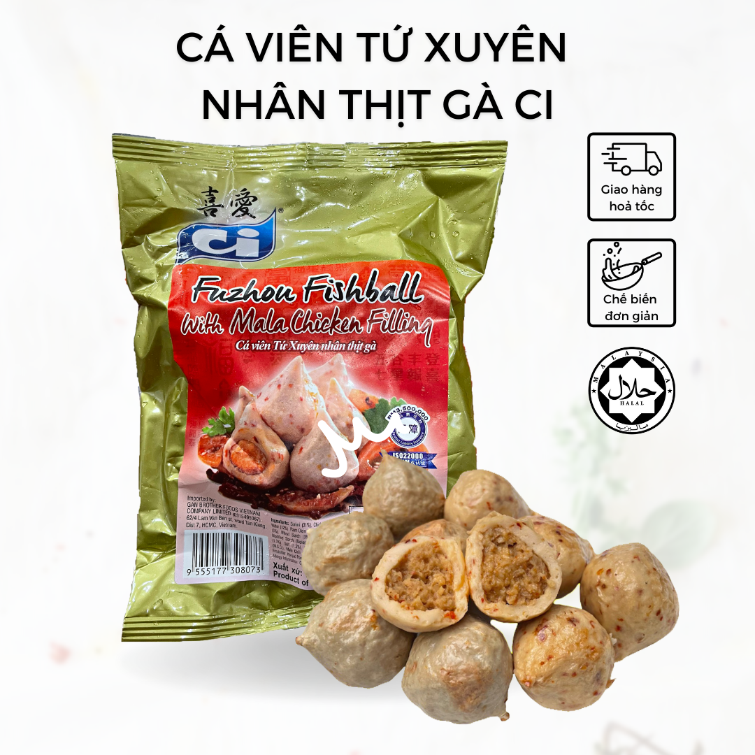 Cá viên tứ xuyên nhân thịt gà Malaysia EB thượng hạng - 200g/ gói - Viên thả lẩu đông lạnh - Hàng nhập khẩu Malaysia