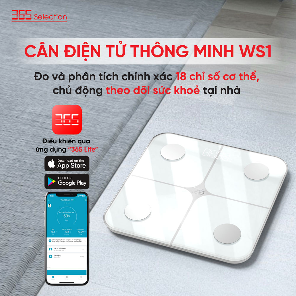Cân điện tử thông minh 365 Selection WS1 / WS2 - Đo 18 chỉ số cơ thể, Màn hình led hiển thị - HÀNG CHÍNH HÃNG