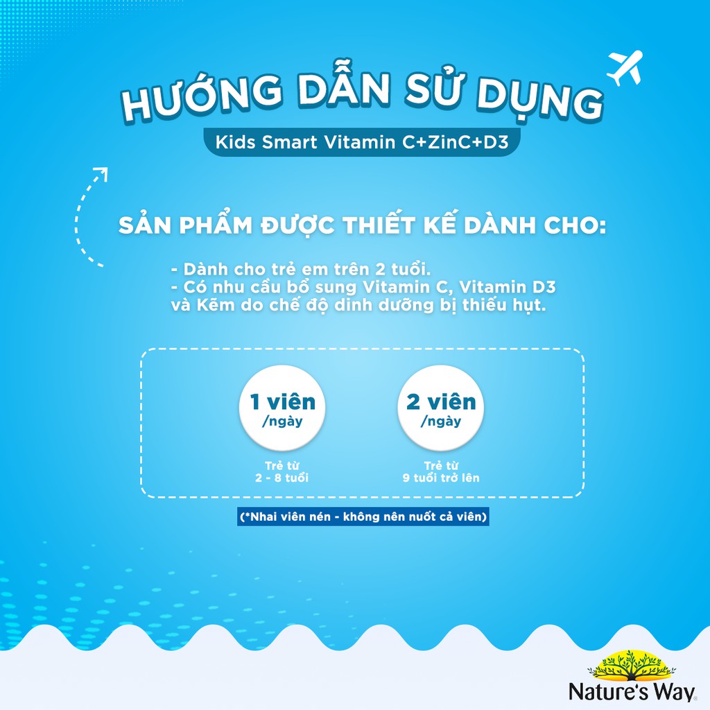 Viên Nhai Nature’s Way Kids Smart Vitamin C+ZinC+D3 Chewable Tablets Cho Bé Phát Triển Toàn Diện 75 Viên