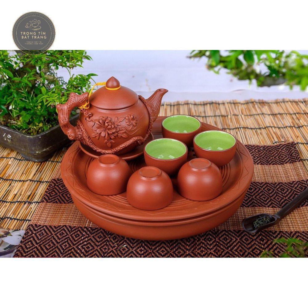 Bộ Ấm Chén Trà Đạo Gốm Tử Sa Bát Tràng Đắp Nổi Hoa Phù Dung Dáng Thủy Bình Dung Tích 400ml ATSML 02.1