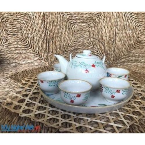 Bộ bình trà bưởi Khay tròn Hoa cỏ GHM30 - Quà Tặng Tân Gia, Khai Trương