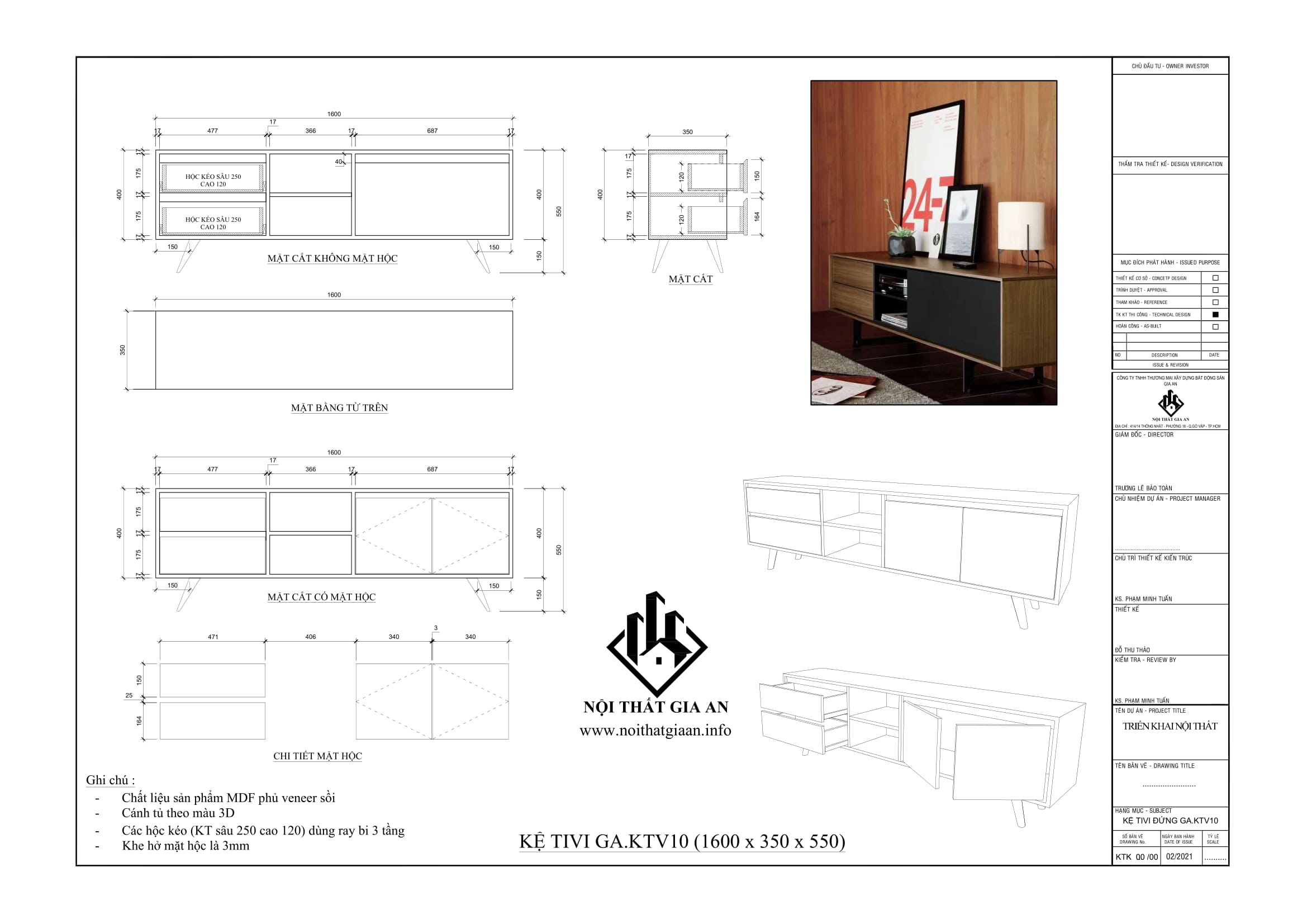 Tủ kệ tivi Gia An Gỗ MDF màu sồi phối đen chân mạ vàng mã 10