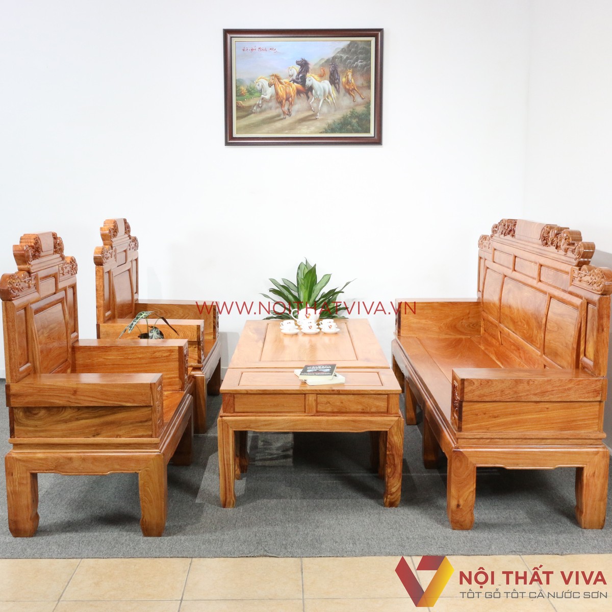 Bộ Bàn Ghế Salon Tần Thủy Hoàng Gỗ Hương Đá Chạm Rồng 6 Món Cao Cấp