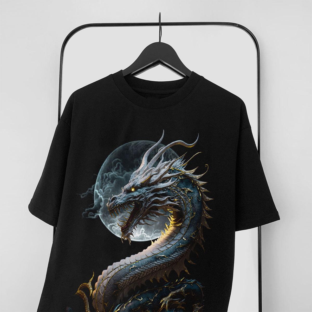 Áo thun nam cổ tròn tay ngắn TeeSett big size boy phố cotton màu đen in hình rồng xanh graphic design